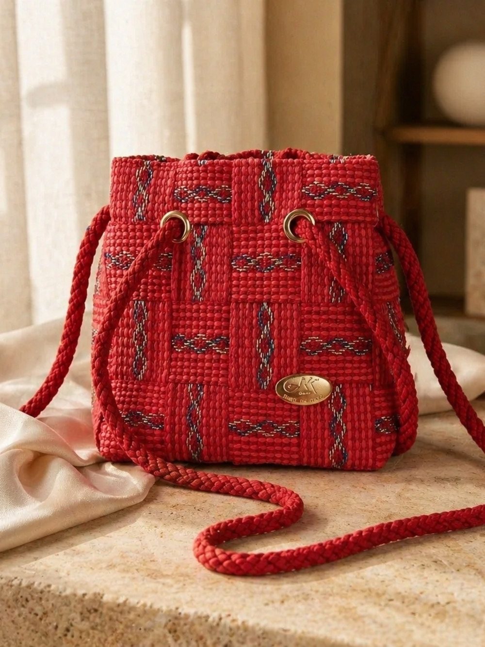 Red Woven Drawstring Shoulder Bag with Gold Accent